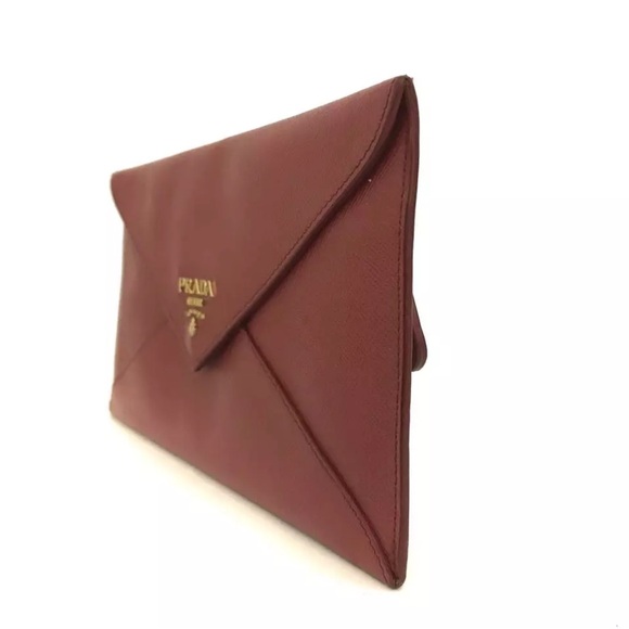 AUTH Prada Envelope Clutch, Crossbody, Wallet Dark Red - Picture 4 of 7